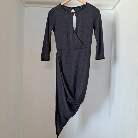 GUESS | Dark grey front key hole & black pleather trim draped style dress - Picture 3 of 15